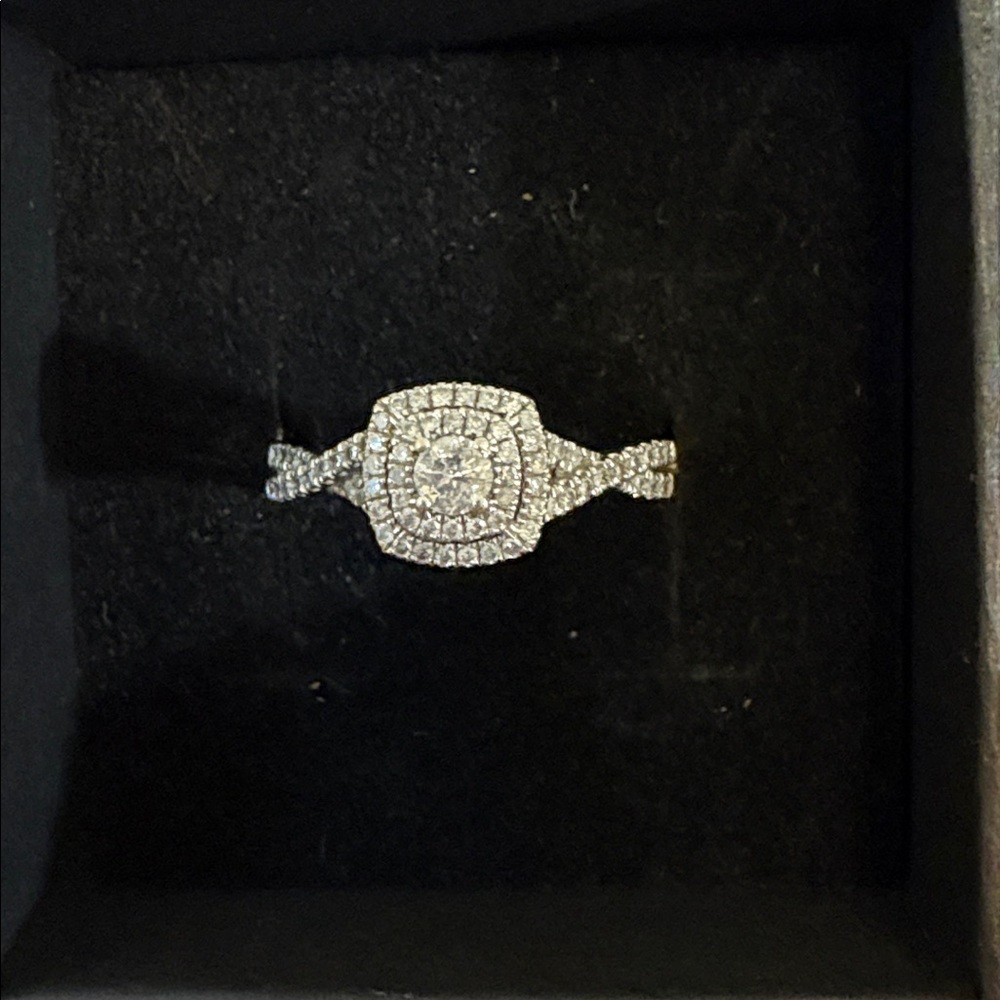 SOLD! 1ct TW Diamond 10K White Gold Dbl Sq Halo Twisted Shank Scroll Bskt Zales - Picture 5 of 14